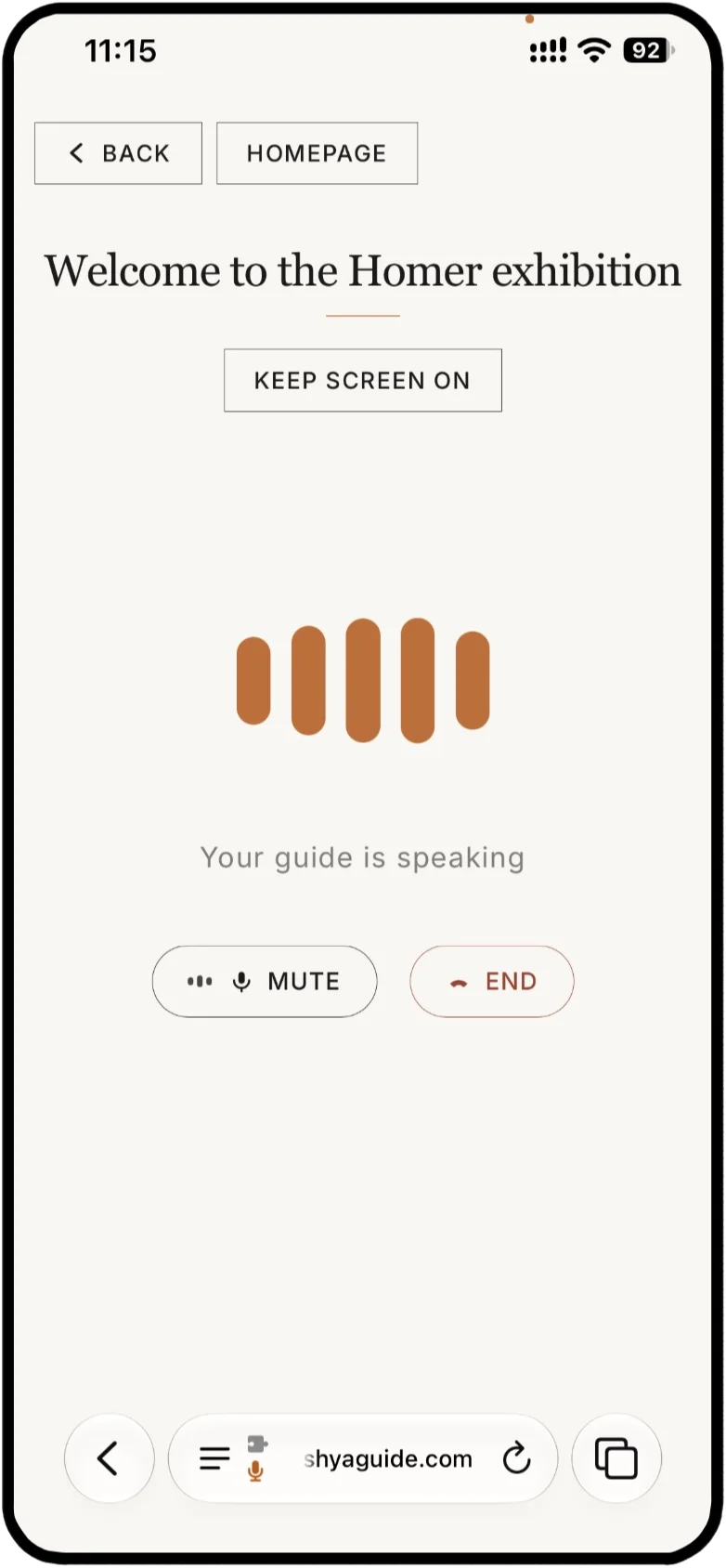 Kushya Guide running in a mobile browser, showing the live voice guide